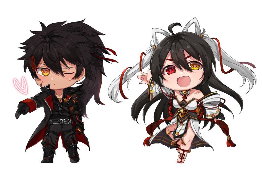 1boy, 1girl, ahoge, ara_haan, bad_source, bare_shoulders, black_hair, breasts