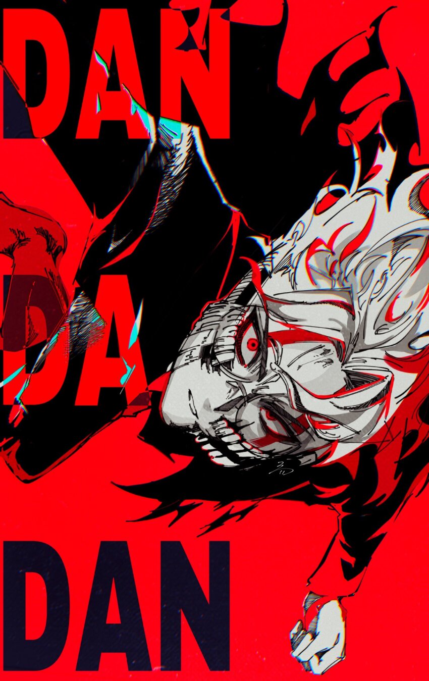 1boy, alternate_form, black_jacket, colored_skin, copyright_name, dandadan, facial_mark, gakuran