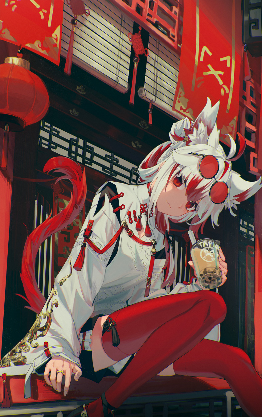 1girl, ahoge, animal_ear_fluff, animal_ears, architecture, banner, black_footwear, black_shorts