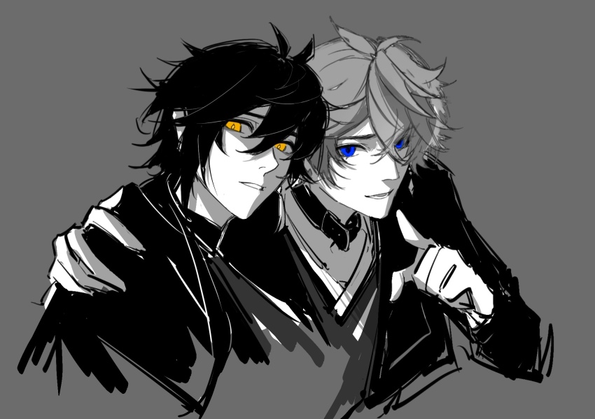 2boys, blue_eyes, blush, genshin_impact, greyscale, hand_on_another's_shoulder, highres, monochrome