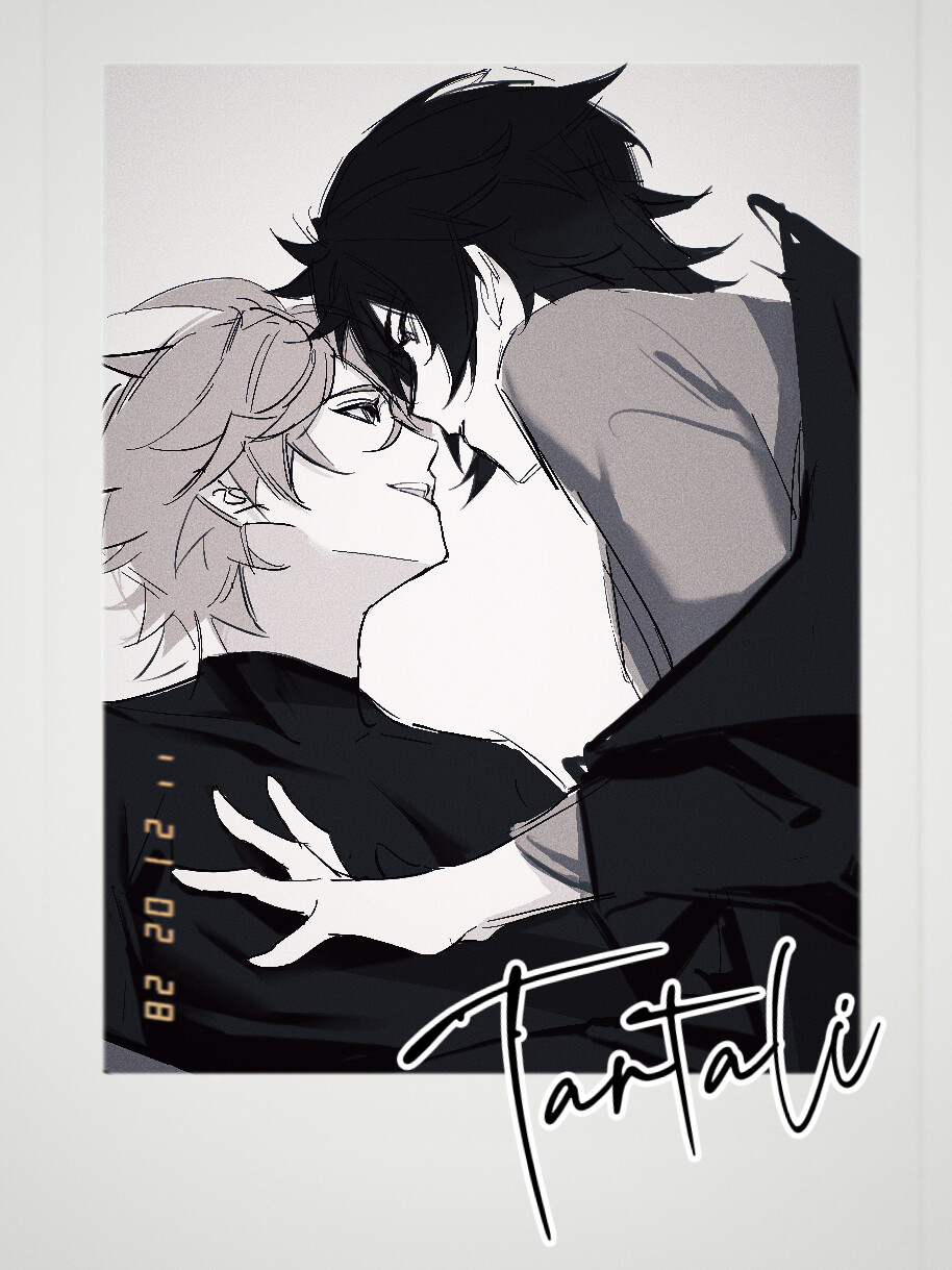 2boys, almost_kiss, blush, genshin_impact, greyscale, hand_on_another's_chest, highres, monochrome