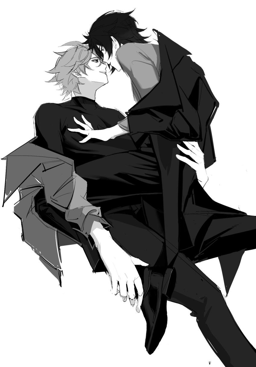 2boys, alternate_costume, blush, genshin_impact, greyscale, hand_on_another's_chest, highres, monochrome