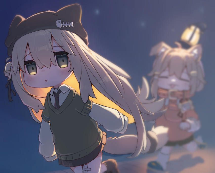 2girls, :o, animal_collar, animal_ears, backlighting, beanie, black_hat, black_necktie
