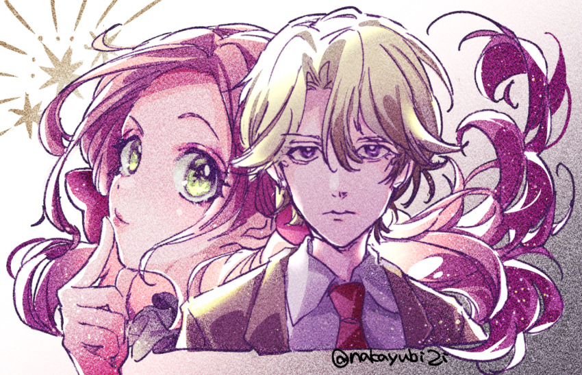 1boy, 1girl, blonde_hair, chocolat_meilleure, closed_mouth, collared_shirt, commentary_request, green_eyes