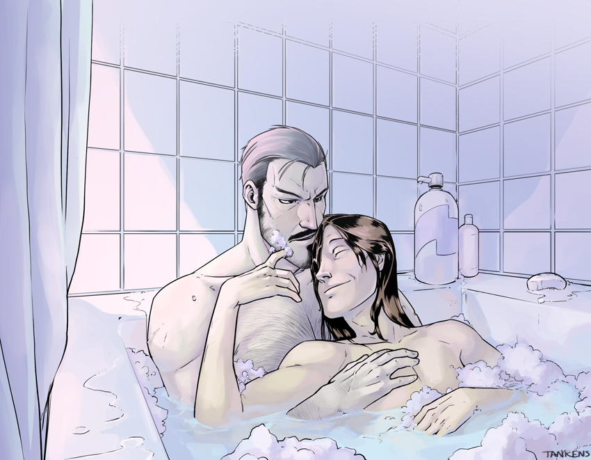 2boys, ace_attorney, ace_attorney_investigations, ace_attorney_investigations:_miles_edgeworth, artist_name, bath, beard, black_eyes