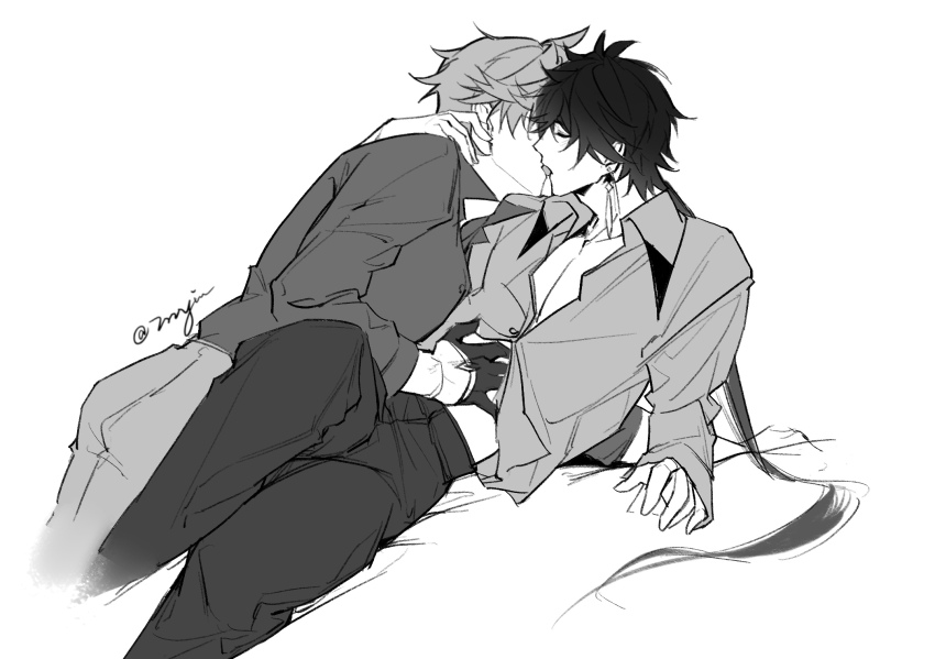 2boys, blush, french_kiss, genshin_impact, greyscale, hand_on_another's_stomach, highres, kiss, monochrome, multiple_boys, tartaglia_(genshin_impact), white_background, yaoi, zhongli_(genshin_impact), zyzzzyy