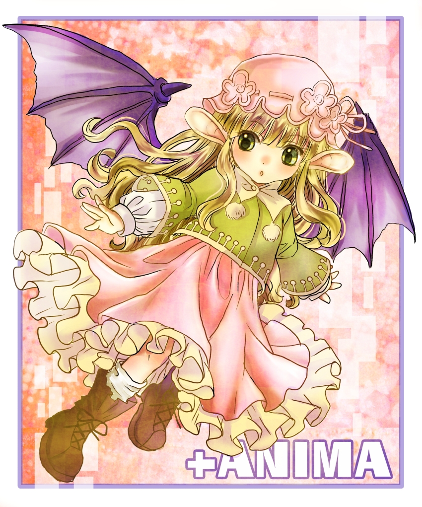 +anima, 1girl, animal_ears, bat_ears, bat_girl, bat_wings, blonde_hair, brown_footwear, commentary_request, copyright_name, dot_nose, frilled_skirt, frills, green_eyes, green_jacket, hat, highres, jacket, long_sleeves, medibang_paint_(medium), mob_cap, nana_alba, nokkoman, parted_lips, partial_commentary, pink_hat, pink_skirt, puffy_sleeves, shirt, skirt, socks, solo, white_shirt, white_socks, wings