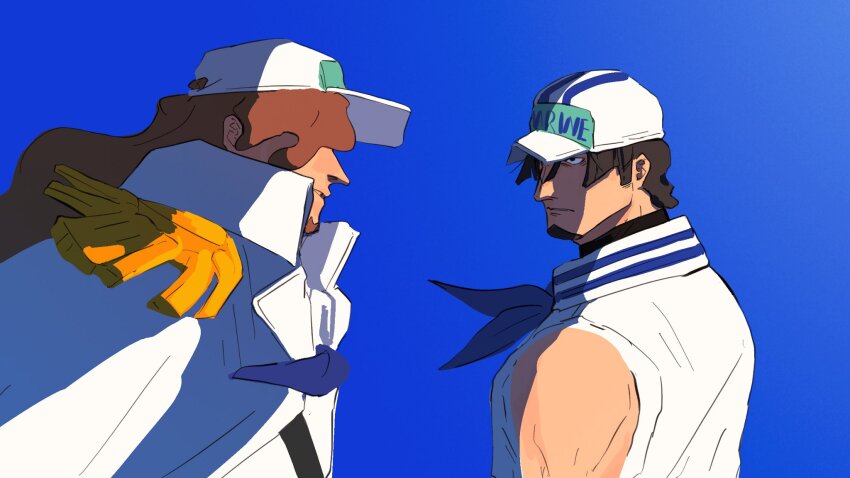 2boys, a_ddove, blue_neckerchief, brown_hair, closed_mouth, coat, coat_on_shoulders, elder_marine_brother