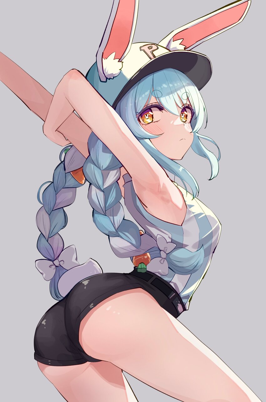 1girl, absurdres, alternate_costume, animal_ears, arms_behind_back, ass, bare_legs, baseball_cap, belt, black_belt, black_pants, black_shorts, blue_hair, blue_shirt, braid, breasts, brown_eyes, carrot_hair_ornament, closed_mouth, commentary_request, food-themed_hair_ornament, from_side, hand_on_own_arm, hair_ornament, hair_ribbon, hat, head_tilt, highres, hololive, legs, long_hair, looking_at_viewer, multicolored_hair, nanado_shion, pants, rabbit-shaped_pupils, rabbit_ears, rabbit_girl, rabbit_tail, ribbon, shirt, shirt_tucked_in, short_shorts, shorts, sidelocks, sleeveless, sleeveless_shirt, small_breasts, solo, stretching, striped_clothes, striped_shirt, symbol-shaped_pupils, tail, thick_eyebrows, thighs, twin_braids, two-tone_hair, two-tone_shirt, usada_pekora, very_long_hair, virtual_youtuber, white_hair, white_ribbon, white_shirt, white_tail