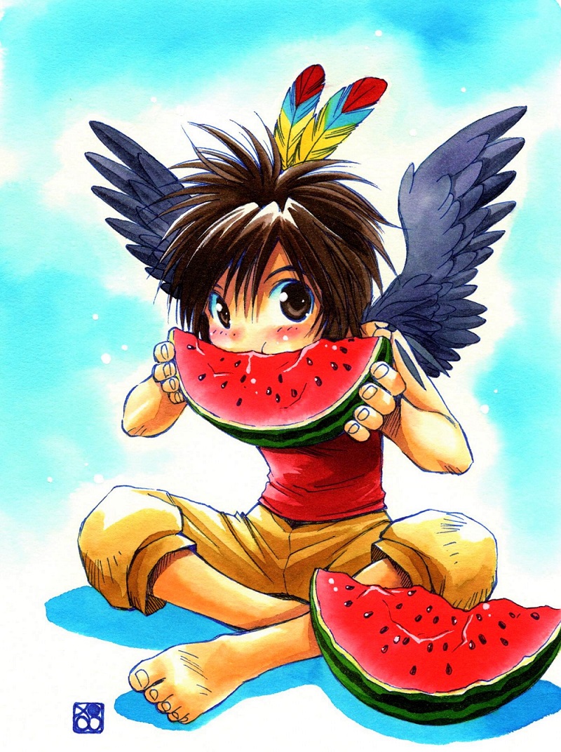 +anima, 1boy, barefoot, blush, brown_eyes, brown_shorts, brown_wings, color_ink_(medium)