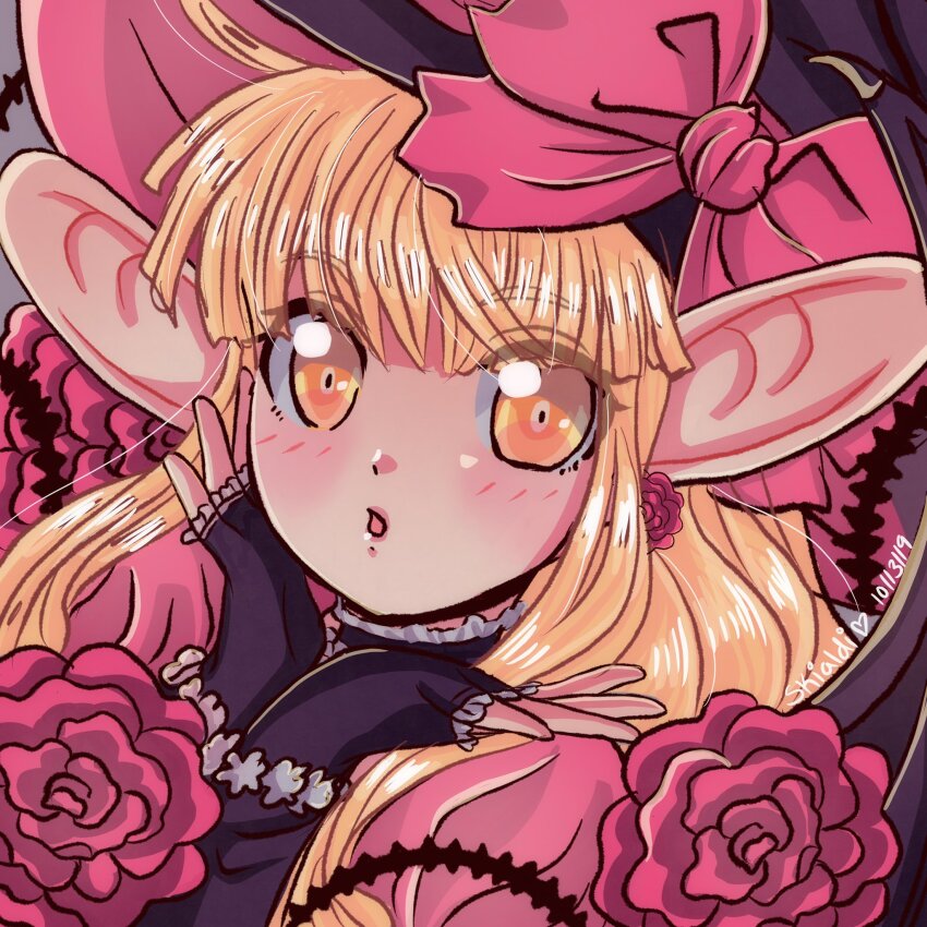 +anima, 1girl, animal_ears, bat_ears, bat_girl, black_gloves, black_hat, blonde_hair, blush, bow, dated, eyelashes, fingerless_gloves, flower, gloves, hat, highres, long_hair, looking_at_viewer, nana_alba, open_mouth, pointy_ears, red_bow, rose, skialdi, solo