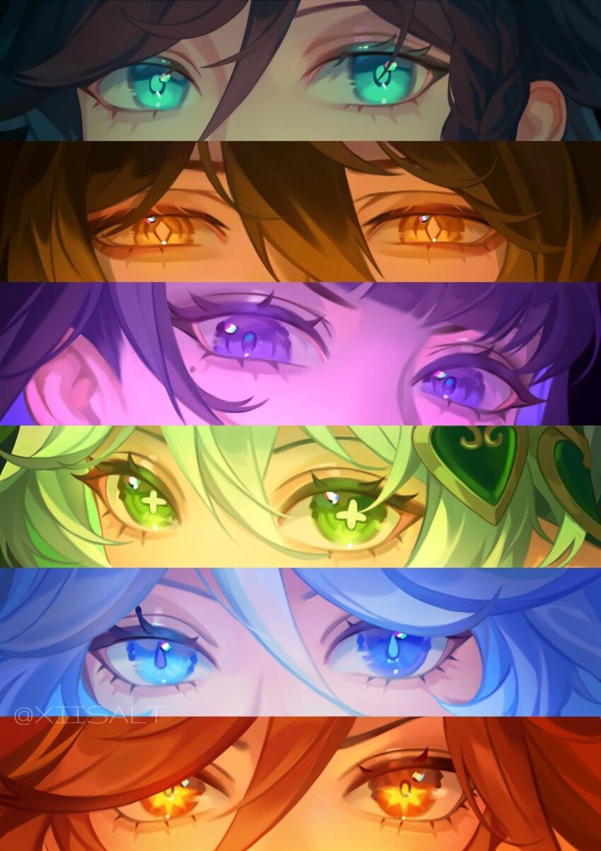 2boys, 4girls, aqua_eyes, black_hair, blue_eyes, blue_hair, furina_(genshin_impact), genshin_impact