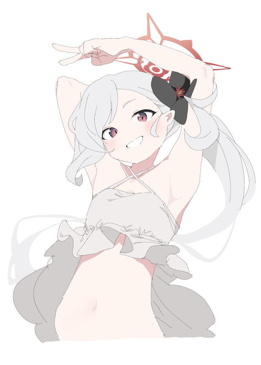 1girl, absurdres, armpits, blue_archive, clenched_teeth, dress, fuyubone, grey_dress