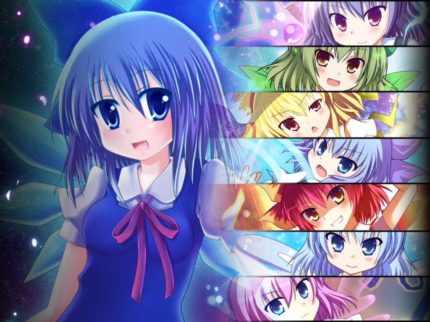 6+girls, achi_cirno, alternate_color, alternate_element, bad_id, bad_pixiv_id, blush, bow, cirno, column_lineup, dress, dual_persona, electricity, fang, fire, fujisaki_kaon, hair_bow, hapa_cirno, highres, ice, ikazu_cirno, leaf, mizu_cirno, multiple_girls, ribbon, short_hair, smile, touhou, water, wings