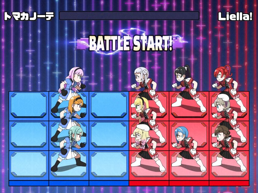 6+girls, aqua_hair, arashi_chisato, arched_bangs, black_footwear, black_gloves, black_hair, black_hairband, blonde_hair, blue_dress, blue_eyes, blue_hair, blunt_bangs, boots, braid, brown_hair, closed_mouth, collared_dress, commentary, dazzling_game, double_bun, dress, frilled_dress, frills, gloves, gradient_hair, green_eyes, grey_hair, hair_bun, hairband, half_up_braid, hazuki_ren, heanna_sumire, high_ponytail, highres, legs_apart, long_hair, love_live!, love_live!_superstar!!, low_twin_braids, medium_dress, medium_hair, mega_man_(series), mega_man_battle_network_(series), multicolored_hair, multiple_girls, official_alternate_costume, onitsuka_natsumi, onitsuka_tomari, open_mouth, orange_eyes, orange_hair, parody, pink_eyes, pink_hair, pleated_dress, ponytail, profile, puffy_short_sleeves, puffy_sleeves, purple_eyes, purple_hair, red_dress, red_hair, sakurakoji_kinako, shibuya_kanon, short_hair, short_hair_with_long_locks, short_sleeves, sidelocks, sideways_mouth, single_side_bun, smile, standing, tang_keke, translated, twin_braids, twintails, two-tone_hair, v-shaped_eyebrows, very_long_hair, wakana_shiki, wavy_hair, white_footwear, white_gloves, white_hairband, wien_margarete, xega, yellow_eyes, yoneme_mei