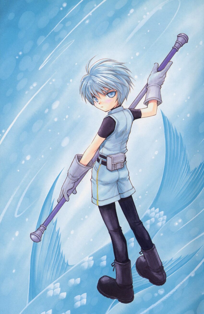 +anima, 1boy, bag, black_boots, black_shirt, blue_eyes, blue_hair, blue_jacket, blue_theme, boots, child, fish, full_body, gloves, grey_gloves, highres, holding, holding_staff, husky_(+anima), jacket, looking_back, male_focus, mukai_natsumi, official_art, satchel, scan, shirt, short_hair, sleeveless, sleeveless_jacket, solo, staff, third-party_source