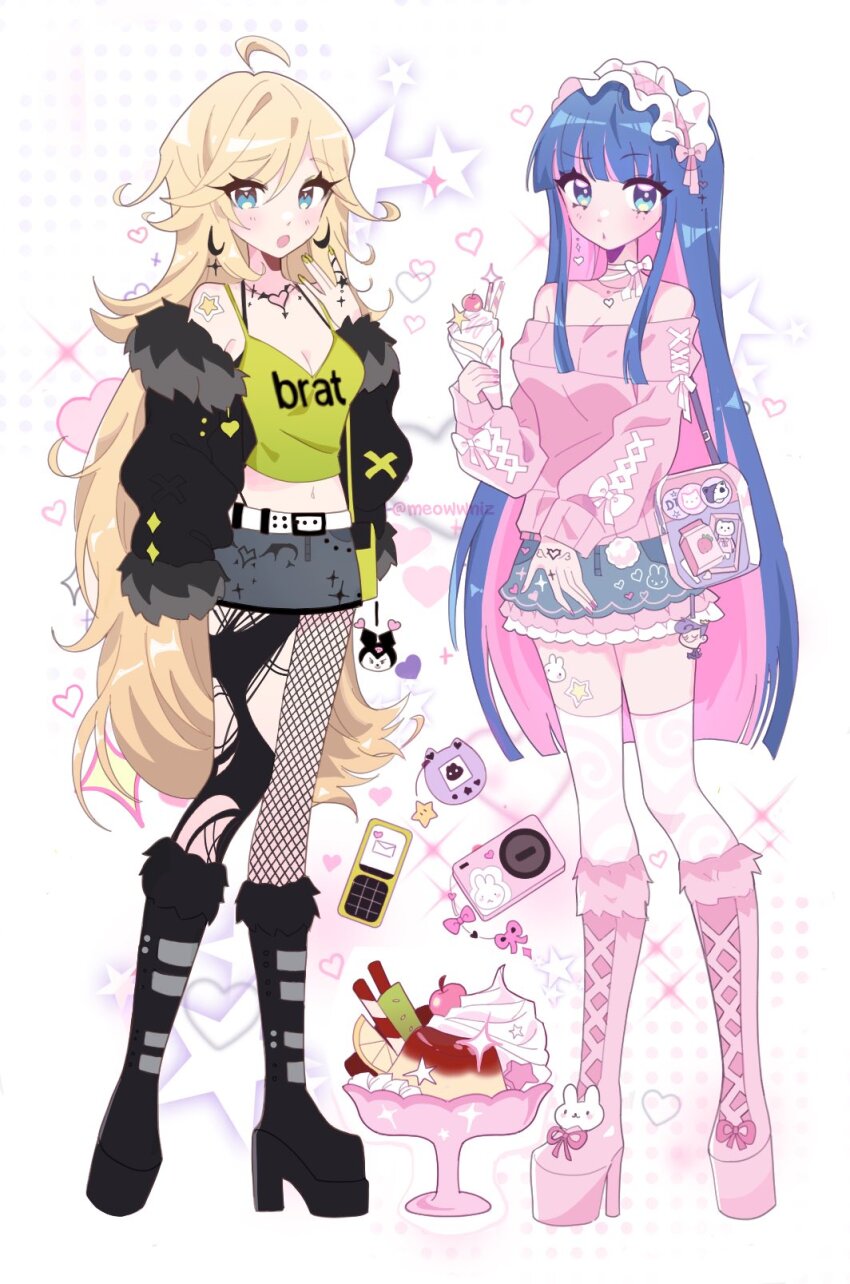 2girls, blonde_hair, blue_eyes, blue_hair, bow, breasts, colored_inner_hair, dress