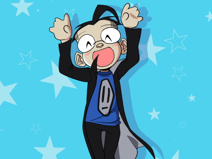 1boy, ^_^, animated, animated_gif, arms_up, black_hair, blue_background, caramelldansen