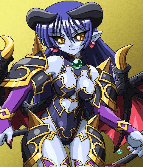 1girl, astaroth_(shinrabanshou), black_sclera, blue_skin, breasts, colored_sclera, colored_skin, demon_girl