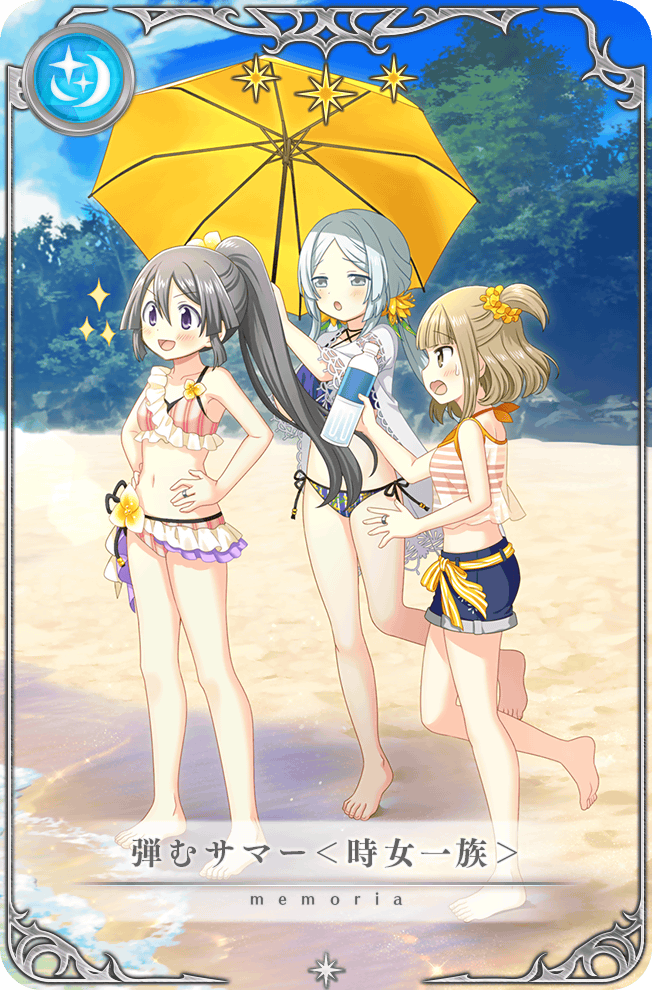 3girls, :o, alternate_costume, artist_request, bare_arms, bare_legs, bare_shoulders, barefoot