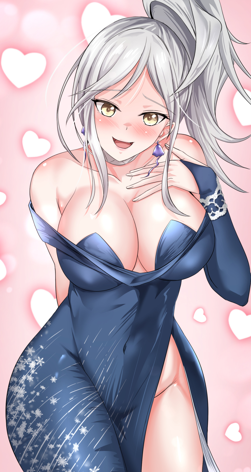 1girl, :d, absurdres, arm_behind_back, bare_shoulders, benzhu_(benzhu0617), blue_dress, blush, breasts, cleavage, covered_navel, dress, eternity_(reverse:1999), furrowed_brow, hand_on_own_chest, heart, heart_background, highres, impossible_clothes, jellyfish_earrings, large_breasts, looking_at_viewer, medium_hair, off_shoulder, open_mouth, pink_background, ponytail, reverse:1999, side_slit, single_sleeve, smile, solo, white_hair, yellow_eyes