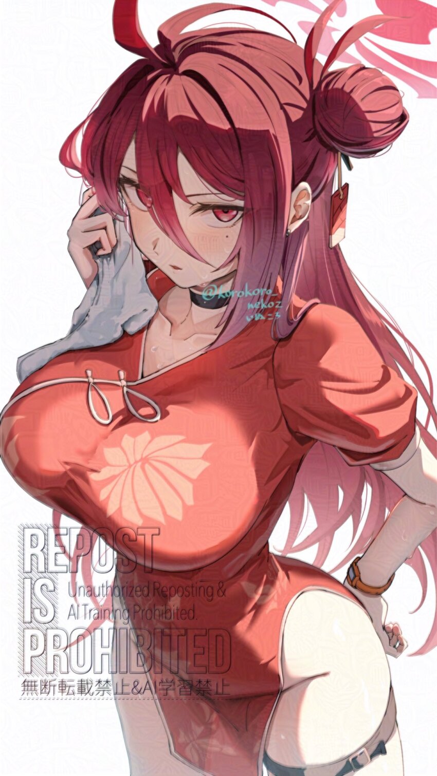 1girl, adversarial_noise, antenna_hair, belt, blue_archive, china_dress, chinese_clothes, dress