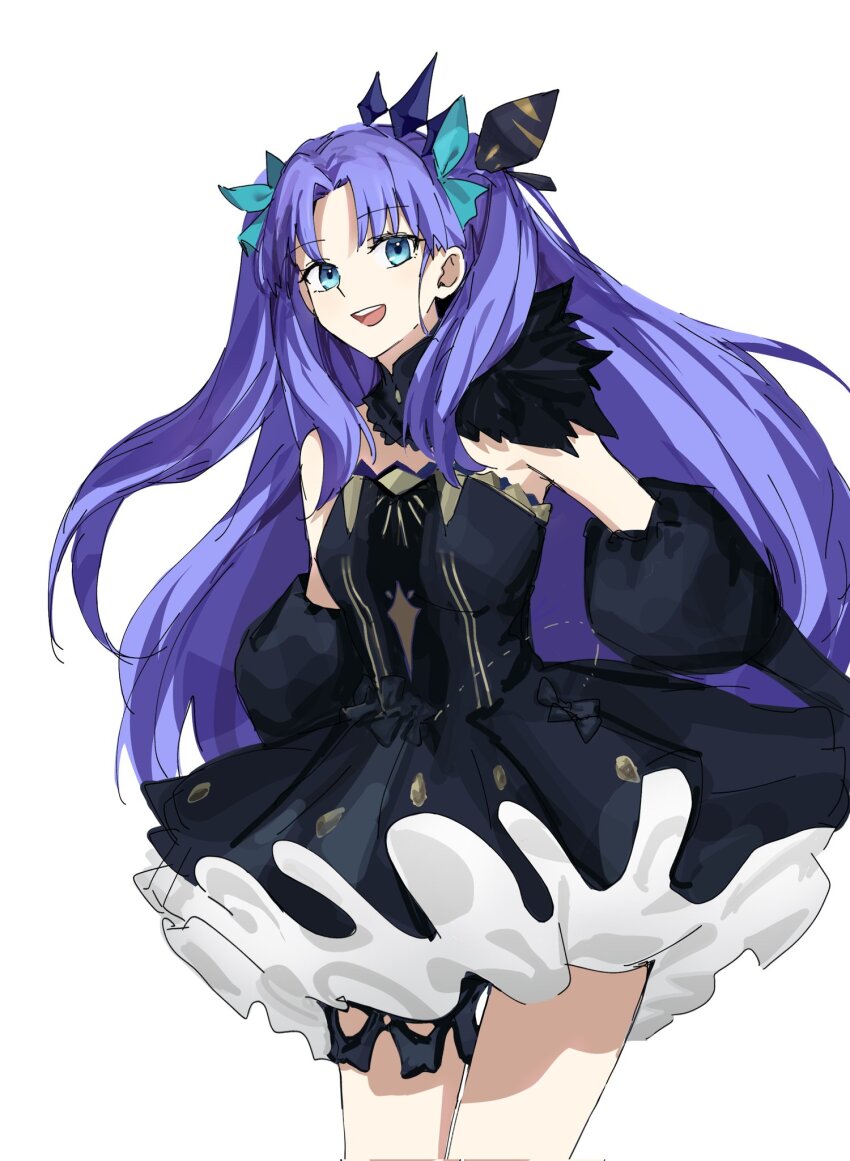 1girl, aqua_ribbon, bare_shoulders, black_dress, blue_eyes, breasts, detached_collar, detached_sleeves