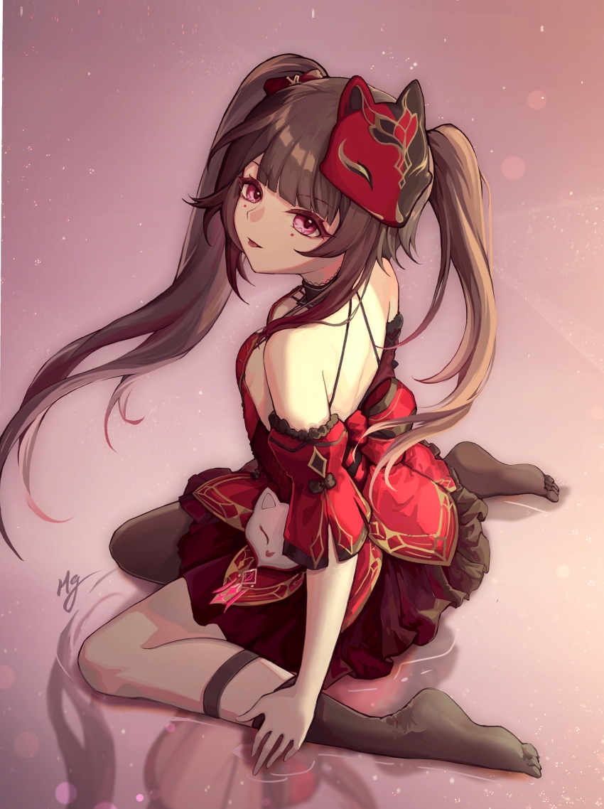 1girl, absurdres, back, bare_shoulders, black_thighhighs, blurry, bokeh, breasts