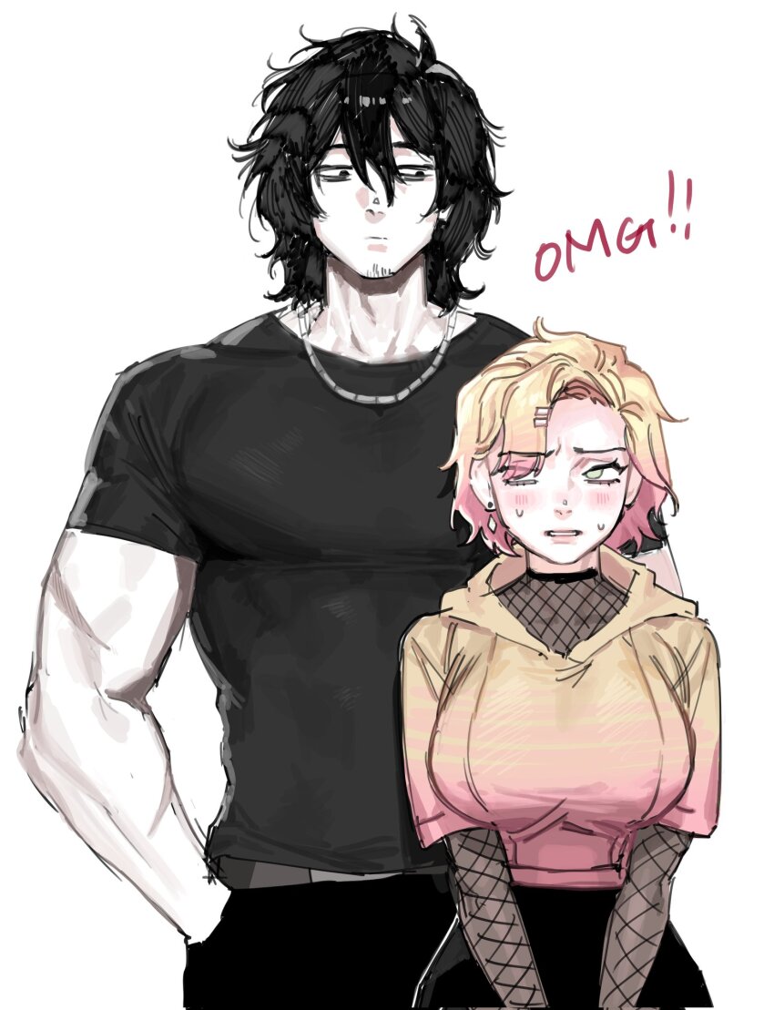 1boy, 1girl, black_hair, blonde_hair, blush, breasts, facial_hair, fishnet_top