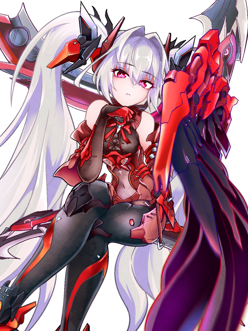 1girl, black_bodysuit, bodysuit, covered_navel, crossed_legs, detached_sleeves, dorinhakawaii, grey_hair