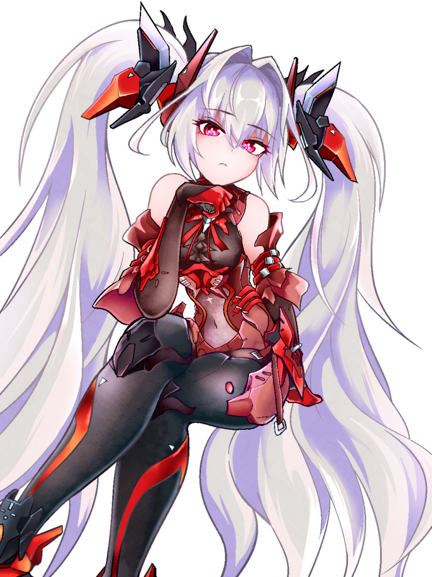 1girl, black_bodysuit, bodysuit, covered_navel, crossed_legs, detached_sleeves, dorinhakawaii, grey_hair, hair_between_eyes, hair_intakes, headgear, highres, long_hair, luna:_oblivion_(pgr), luna_(pgr), mechabare, mechanical_legs, punishing:_gray_raven, red_bodysuit, red_eyes, see-through_bodysuit, see-through_clothes, short_sleeves, sidelocks, sitting, solo, symbol-shaped_pupils, twintails, very_long_hair, white_background