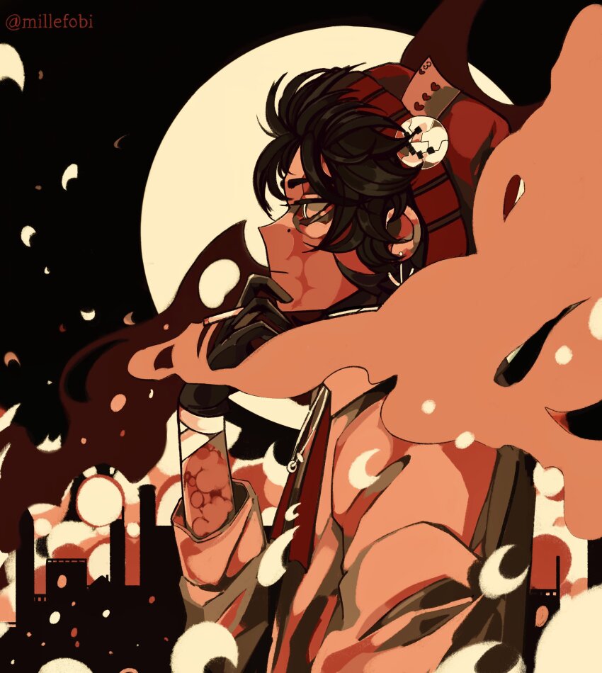 1boy, absurdres, artist_name, bandaged_wrist, bandages, beanie, black_gloves, black_hair, black_sky, brown_theme, card, cigarette, city, collared_shirt, commentary, dream_smp, earrings, english_commentary, expressionless, from_side, full_moon, gloves, hat, hat_ornament, highres, holding, holding_cigarette, huge_moon, jewelry, male_focus, millefobi, minecraft_youtube, monochrome, moon, necklace, necktie, night, no_pupils, outdoors, playing_card, poker_chip, profile, quackity, red_hat, red_necktie, ring, ring_necklace, scar, scar_across_eye, scar_on_arm, scar_on_face, shirt, short_hair, sky, skyline, sleeves_rolled_up, smoke, smoke_trail, smoking, solo, suspenders, three_of_hearts, upper_body, white_shirt, wind, yellow_eyes