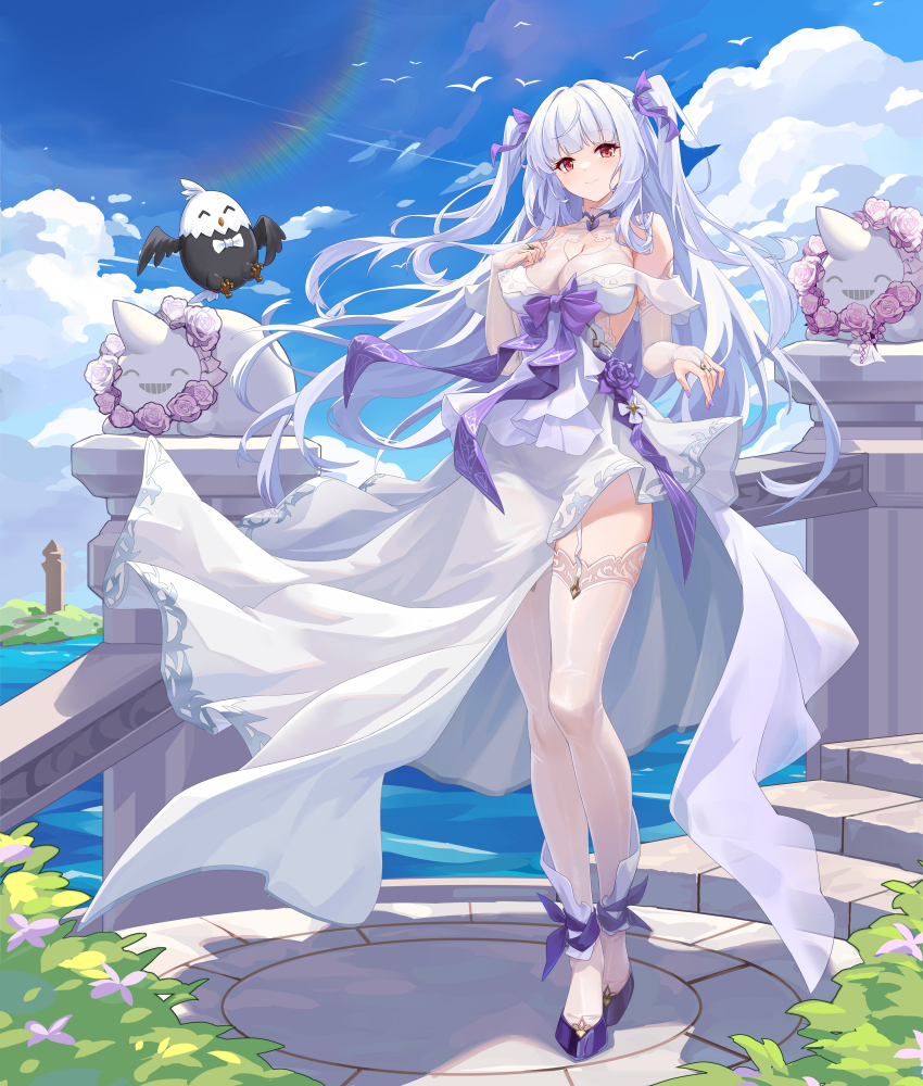 1girl, ^_^, absurdres, bald_eagle, bell_mccamp_(warship_girls_r), bird, blue_sky, bow