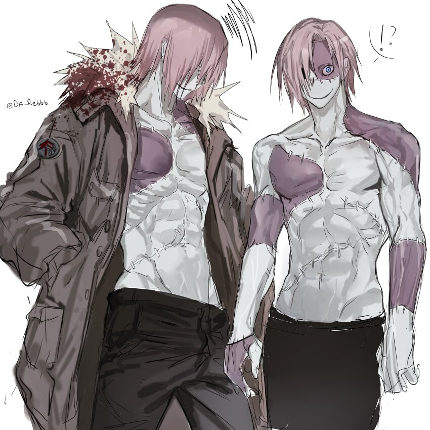 1boy, absurdres, blood, blood_on_clothes, blue_eyes, brown_coat, coat, cowboy_shot, da_re666, fur-trimmed_jacket, fur_trim, highres, homicipher, jacket, looking_at_viewer, male_focus, mr._stitch, multiple_views, pink_hair, short_hair, simple_background, smile, stitches, toned, toned_male, topless_male, white_background