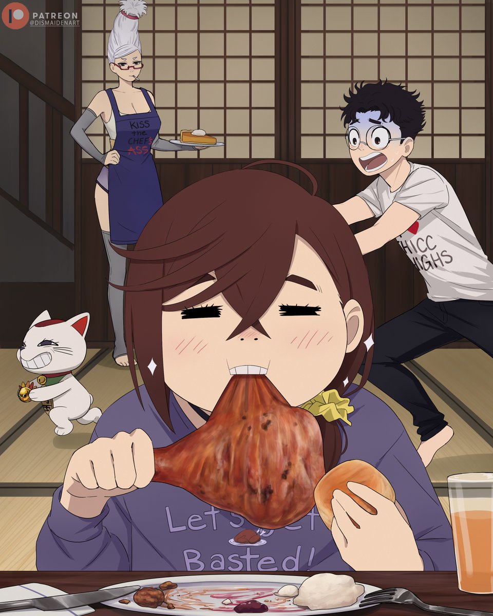 1boy, 2girls, apron, arm_warmers, ayase_momo, ayase_seiko, black_eyes, black_hair