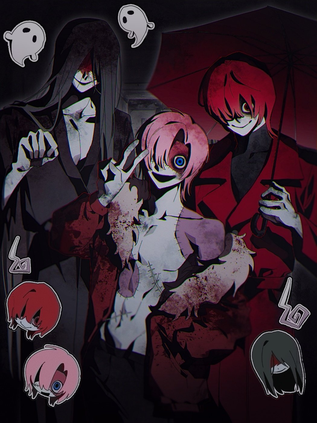 3boys, black_background, black_hair, black_kimono, blood, blood_on_clothes, blood_on_face, blue_eyes