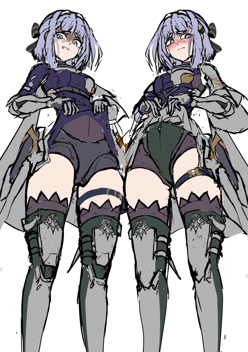 2girls, absurdres, alisa_(pgr), black_bow, blue_eyes, blue_hair, blush, bow, braid, braided_bangs, clothes_lift, covered_navel, dorinhakawaii, embarrassed, from_below, hair_bow, hair_intakes, highres, mechanical_arms, mechanical_legs, multiple_girls, punishing:_gray_raven, sidelocks, skirt, skirt_lift, striped_bow, white_background