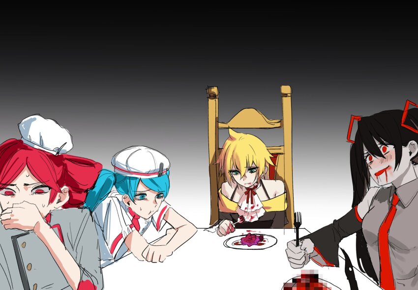 1boy, 3girls, ahoge, binomi_(vocaloid), black_dress, black_hair, black_sleeves, blonde_hair