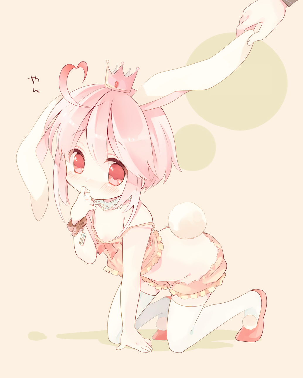 1boy, ac_japan, ahoge, aisatsu_no_mahou, animal_ears, arigato_usagi, bad_id, bad_pixiv_id, bloomers, camisole, crossdressing, crossdressing_(mtf), crown, highres, jewelry, lop_rabbit_ears, male_focus, necklace, ousaka_nozomi, personification, pink_eyes, pink_hair, rabbit_ears, rabbit_tail, short_hair, solo_focus, strap_slip, tail, thighhighs, trap, underwear, white_legwear, wristband
