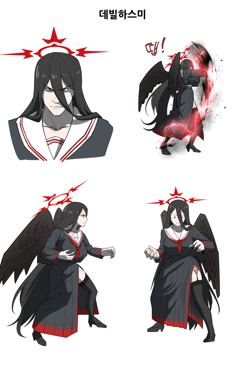 1girl, absurdres, attack, black_footwear, black_hair, black_serafuku, black_shirt, black_skirt