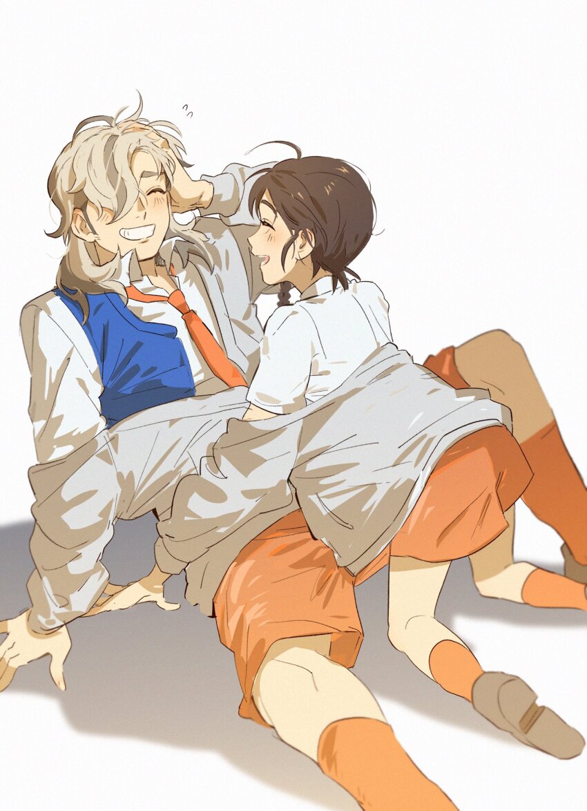 1boy, 1girl, :d, all_fours, arven_(pokemon), blue_vest, braid, brown_footwear