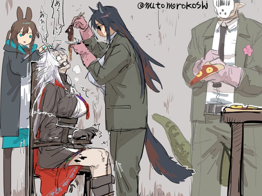 1boy, 3girls, alternate_breast_size, amiya_(arknights), animal_ears, arknights, black_jacket, black_necktie, blue_eyes, boots, breasts, brown_hair, chain, chair, character_request, chocolate-covered_food, chocolate_on_spaghetti, constricted_pupils, crimes_against_food, crocodilian_tail, crying, crying_with_eyes_open, drooling, feeding, feet_out_of_frame, food, force-feeding, formal_clothes, from_side, gloves, grabbing_another's_hair, green_jacket, green_pants, green_suit, head_back, highres, holding, holding_another's_hair, holding_food, hood, hood_down, hooded_jacket, huge_breasts, indoors, jacket, knee_boots, lappland_(arknights), lappland_the_decadenza_(arknights), long_hair, long_legs, long_sleeves, mask, material_growth, multicolored_hair, multiple_girls, mutomorokoshi, necktie, no_sclera, on_chair, open_clothes, open_jacket, open_mouth, oripathy_lesion_(arknights), pants, pasta, pineapple_on_pizza, pizza, pizza_slice, pointy_ears, profile, rabbit_ears, rabbit_girl, red_hair, restrained, rubber_gloves, sharp_teeth, shirt, sitting, spaghetti, standing, streaked_hair, suit, suit_jacket, sunglasses, table, tail, tears, teeth, texas_(arknights), tied_to_chair, torture, twitter_username, white_hair, white_shirt, wide-eyed, wolf_ears, wolf_girl, wolf_tail