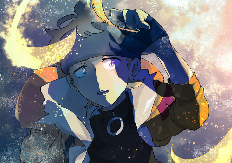 1boy, blonde_hair, feathers, fingerless_gloves, gloves, grey_headband, headband, holding