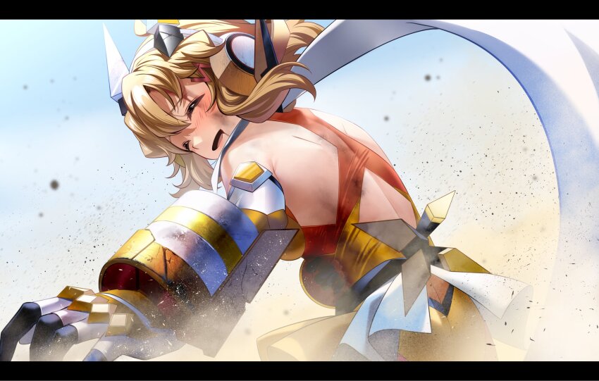 1girl, arm_guards, back, back_cutout, blood, blood_from_mouth, breasts, closed_eyes, clothing_cutout, dirty, dust, elbow_gloves, from_behind, gloves, hair_ornament, hairclip, hand_on_wound, headgear, highres, injury, leotard, light_brown_hair, looking_at_viewer, looking_back, nyanmaru, open_mouth, orange_leotard, scarf, scratches, senki_zesshou_symphogear, short_hair, small_breasts, smile, solo, tachibana_hibiki_(symphogear), torn_clothes, white_gloves, white_scarf