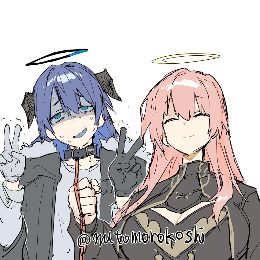 2girls, arknights, asymmetrical_gloves, bags_under_eyes, black_gloves, black_jacket, blue_eyes, blue_hair