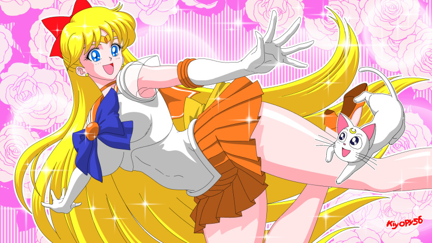 1boy, 1girl, aino_minako, alternate_breast_size_(larger), artemis_(sailor_moon), bishoujo_senshi_sailor_moon, blonde_hair, blue_eyes, bow, cat, curvy, earrings, hair_bow, high_heels, highres, jewelry, kiyopy56, looking_at_viewer, magical_girl, sailor_venus, tiara, wide_hips