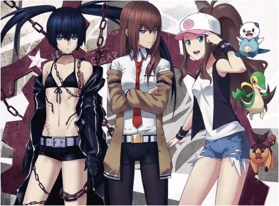 3girls, baseball_cap, belt, bikini, black_coat, black_hair, black_pantyhose, black_rock_shooter