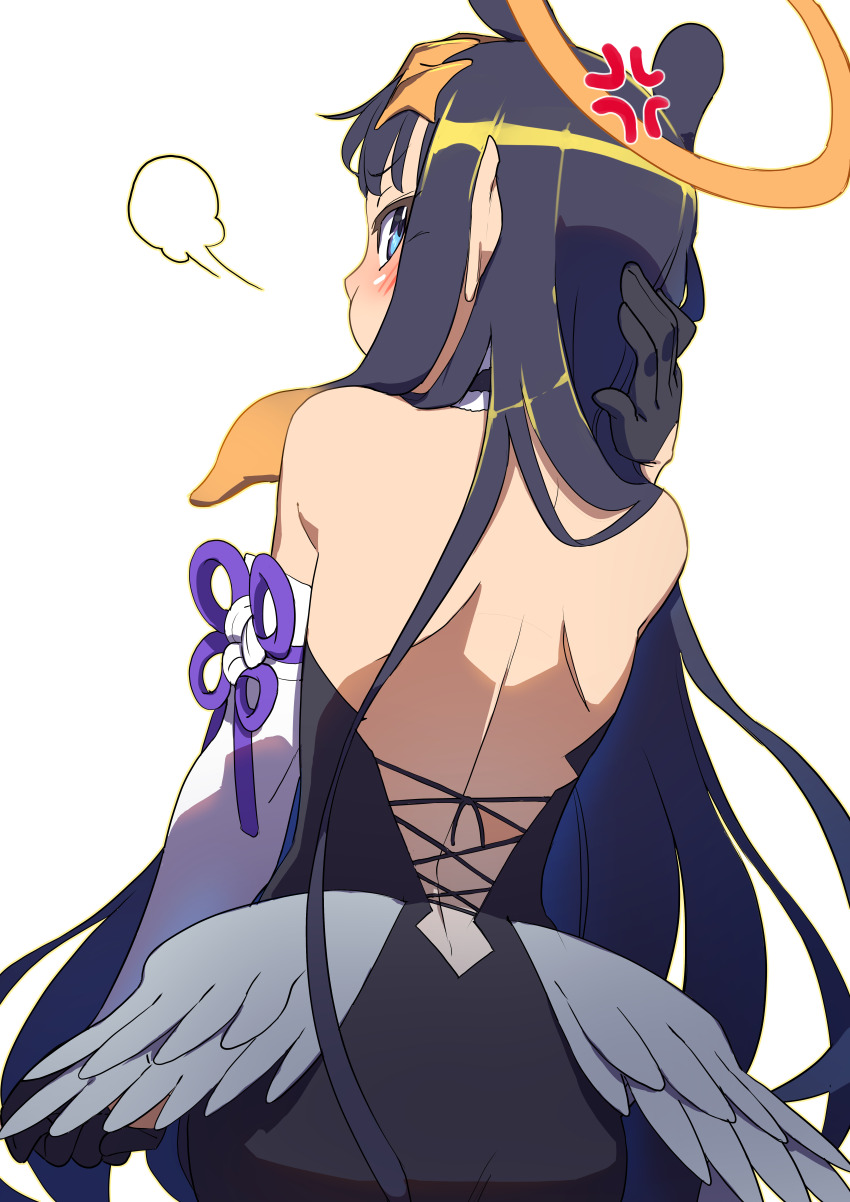 1girl, absurdres, ass, back, blue_eyes, blush, chinese_knot, feathered_wings