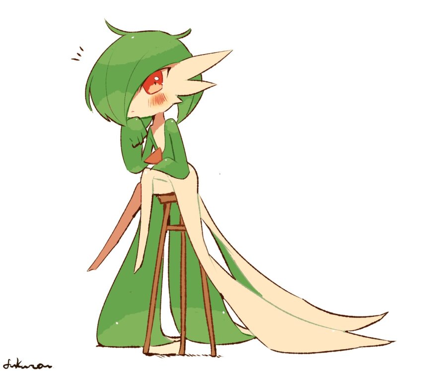 baron-0628, blush, bob_cut, colored_skin, crossed_legs, dress, gardevoir, gen_3_pokemon