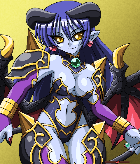 1girl, astaroth_(shinrabanshou), black_sclera, blue_skin, breasts, colored_sclera, colored_skin, demon_girl, dragon_(artist), female_focus, horns, pointy_ears, shinrabanshou, solo, tail, thighhighs, wings